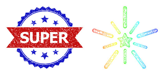 Mesh net star shine frame illustration with spectral gradient, and bicolor unclean Super seal. Red stamp seal has Super text inside blue rosette. Colored frame net star shine icon.