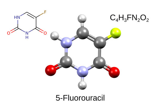 Chemical formula, skeletal formula, and 3D ball-and-stick model of anticancer drug 5-fluorouracil, white background