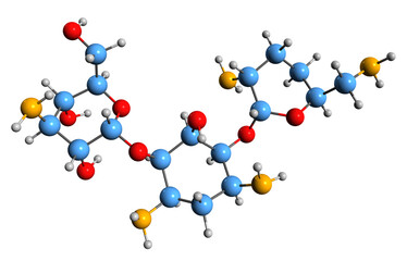 3D image of Dibekacin skeletal formula - molecular chemical structure of  aminoglycoside antibiotic isolated on white background