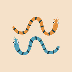 Naklejka premium Funny worms hand drawn vector illustration. Colorful animal character in flat style for kids logo or icon.