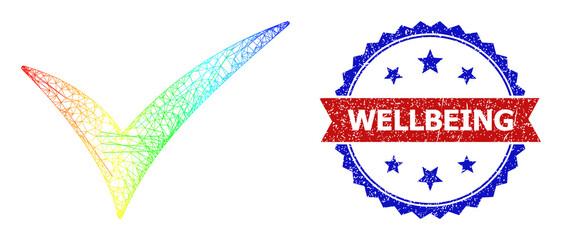 Net valid framework illustration with spectral gradient, and bicolor dirty Wellbeing seal stamp. Red stamp seal contains Wellbeing tag inside blue rosette. Bright frame net valid icon.