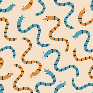 Cute worms hand drawn vector illustration. Funny colorful character in flat style seamless pattern for kids fabric or wallpaper.