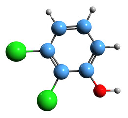  3D image of Dichlorophenol skeletal formula - molecular chemical structure of DCP isolated on white background
