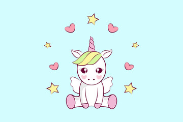 Cute unicorn among hearts and stars. Ready to use and editable template for children and adults.