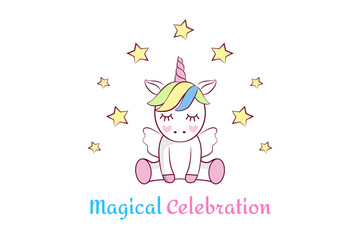 A birthday invitation with a cute unicorn sitting among the stars. Ready to use and editable template. Invitation for children and adults.