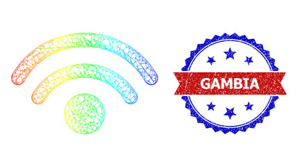 Net mesh Wi-Fi source carcass icon with spectral gradient, and bicolor rubber Gambia stamp. Red stamp seal contains Gambia tag inside blue rosette. Vibrant carcass mesh Wi-Fi source icon.
