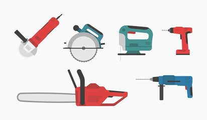power tools circular chainsaw screwdriver drill shape color icons set vector flat illustration