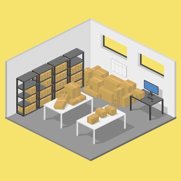 isometric storage room warehouse with parcels and shelves vector flat illustration