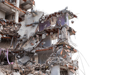 Dismantling of a house facade on isolated white background