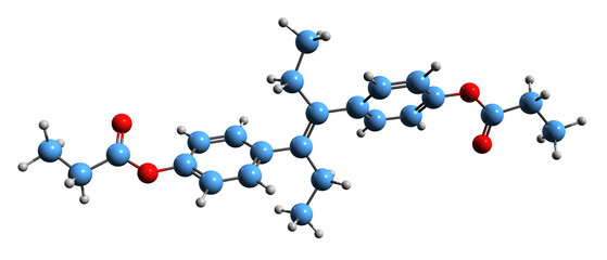 3D image of Diethylstilbestrol dipropionate skeletal formula - molecular chemical structure of nonsteroidal estrogen isolated on white background
