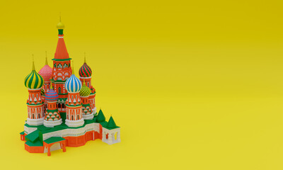 3d illustration, Saint Basil's cathedral, in Moscow, yellow background, copy space, 3d rendering