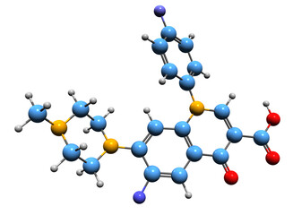3D image of Difloxacin skeletal formula - molecular chemical structure of fluoroquinolone antibiotic isolated on white background
