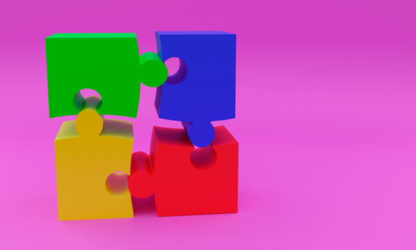 3d illustration, puzzle pieces, on pink background, copy space, 3d rendering