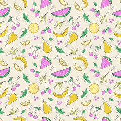 Hand drawn seamles pattern for summer beach party invitation, bar menu of alcohol drinks, cocktail card. Used summer color combinations with pear, apple, lime, watermelon. 