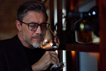 Middle aged man tasting, drinking wine in cellar. Wine expert rating a glass of red wine....