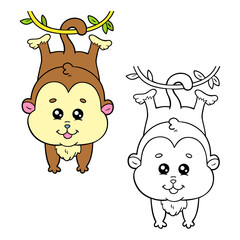 Vector illustration coloring page of cartoon monkey with example  for children and scrap book