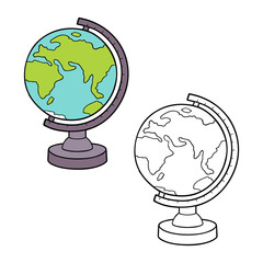 Vector illustration coloring page of doodle globe with example  for children and scrap book