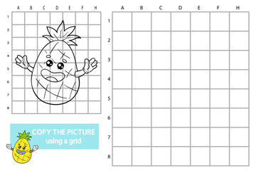 vector illustration of grid copy picture educational puzzle game with cartoon pineapple