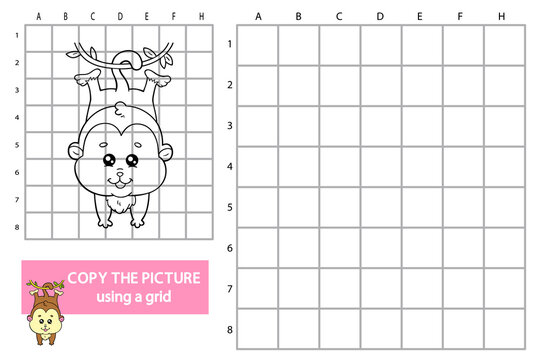 vector illustration of grid copy picture educational puzzle game with cartoon monkey