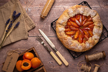 Food photography of apricot pie, galette, cake