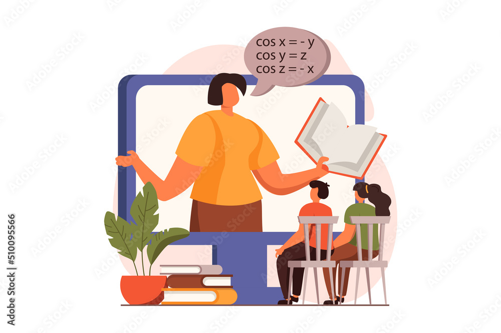 Poster online education web concept in flat design. teacher explains lesson on computer screen, boy and gir