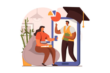 Online education web concept in flat design. Teacher explains lesson on smartphone screen, woman student are listening webinar, reading books, gain knowledge. Illustration with people scene