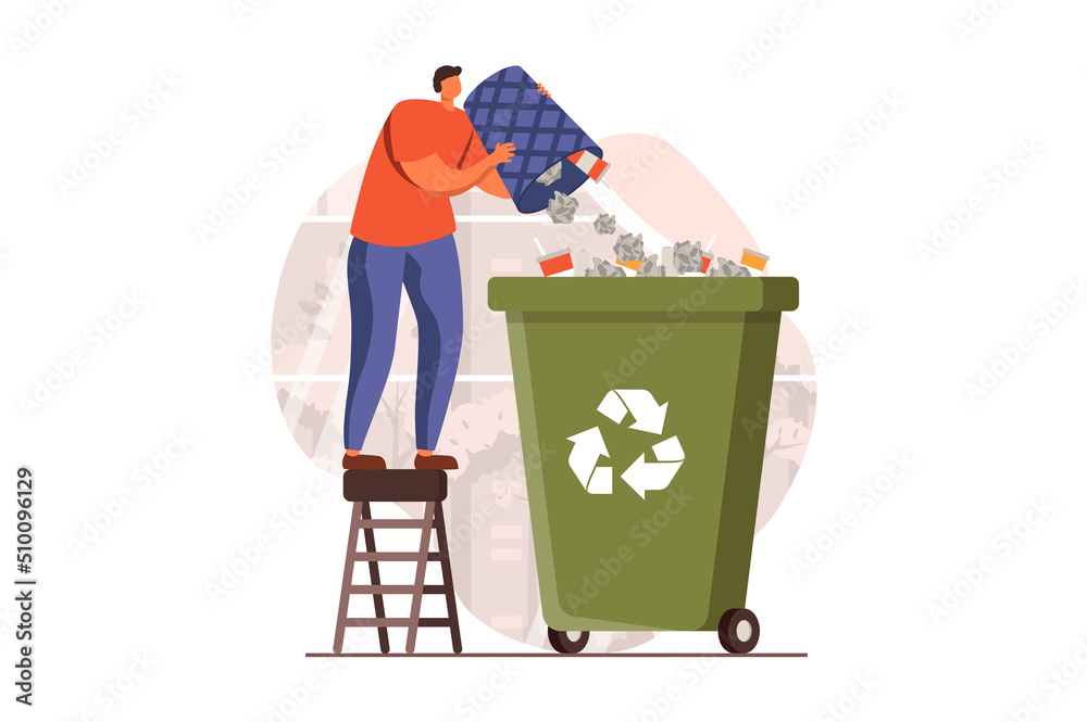 Aufkleber people collecting garbage web concept in flat design. man gathering waste and throwing trash in recy