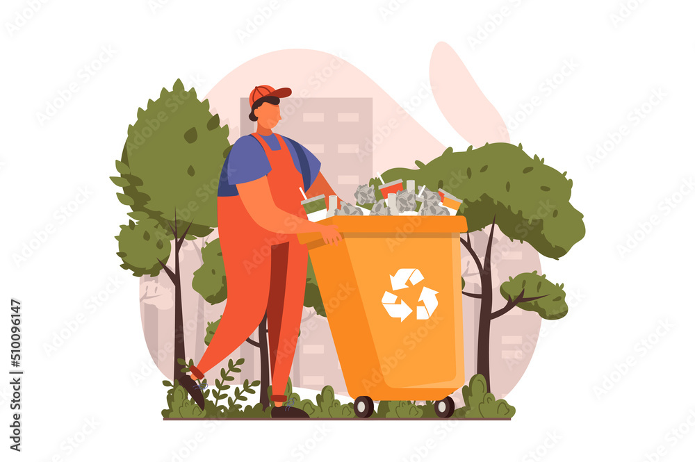 Poster people collecting garbage web concept in flat design. man gathering waste recycling container. eco a
