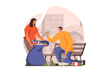 People collecting garbage web concept in flat design. Woman and man gathering waste in bag and cleaning city park. Eco activism and environmental protect. Illustration with people scene