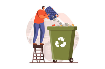 People collecting garbage web concept in flat design. Man gathering waste and throwing trash in recycling container. Eco activism and environmental protect. Illustration with people scene