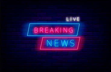 Breaking news live neon signboard. Media banner concept in frame. Vector stock illustration