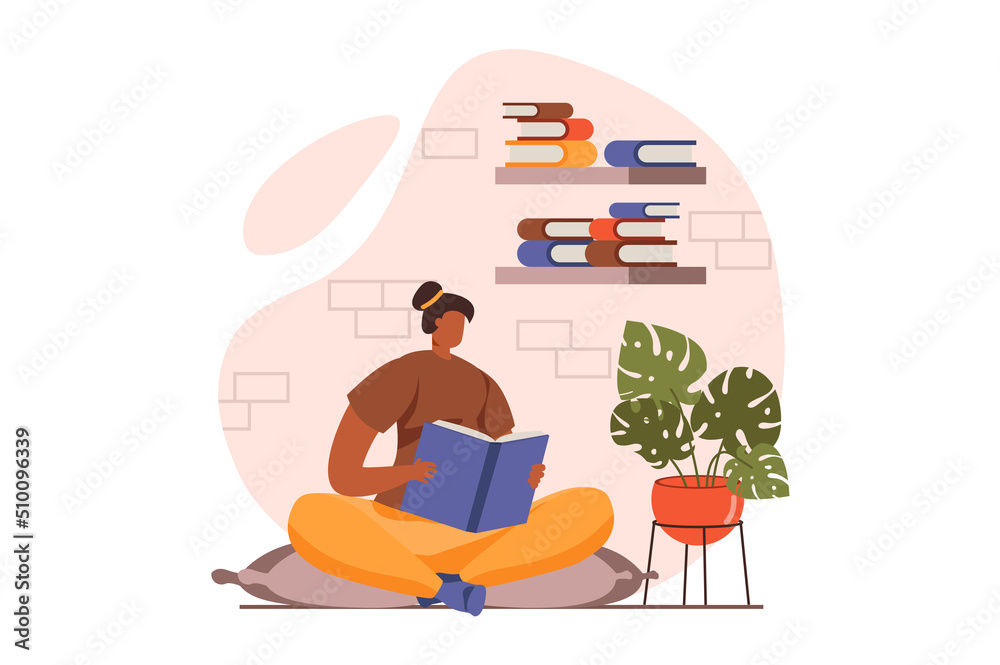 Poster people reading book web concept in flat design. woman reads story or enjoying novel while sitting at