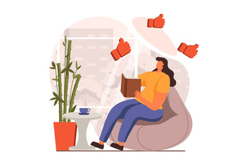 People reading book web concept in flat design. Woman reads story or enjoying novel while sitting on armchair at cafe. Literature lover spends time with book. Illustration with people scene