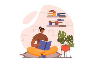 People reading book web concept in flat design. Woman reads story or enjoying novel while sitting at home. Student studying textbooks and prepare for exams. Illustration with people scene - obrazy, fototapety, plakaty