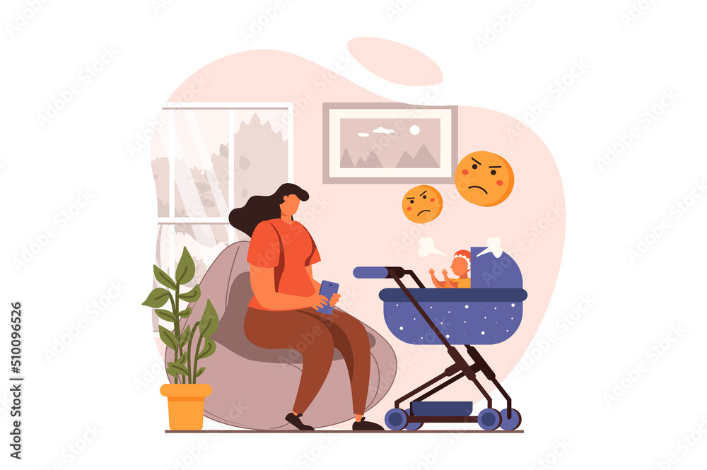 Aufkleber people sit in gadgets web concept in flat design. young mother scrolling feeds in smartphone app and