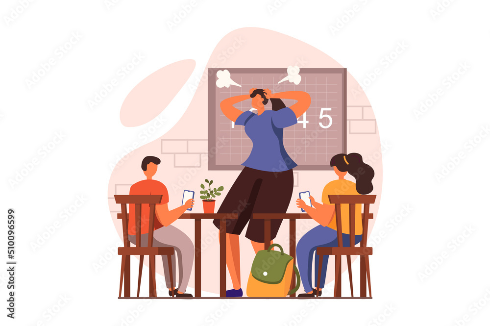 Aufkleber people sit in gadgets web concept in flat design. boy and girl use smart phone in class and get dist