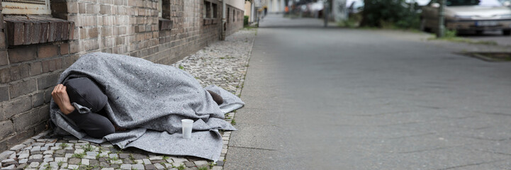 Homeless Man Sleep On Street - obrazy, fototapety, plakaty