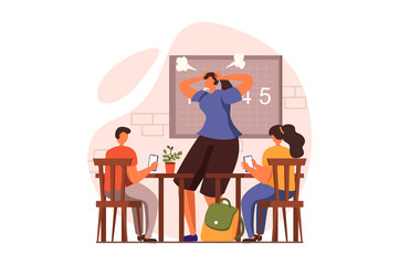 People sit in gadgets web concept in flat design. Boy and girl use smart phone in class and get distracted in class, angry teacher can't discipline pupils. Illustration with people scene