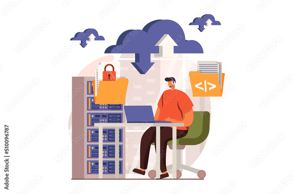 Poster SaaS web concept in flat design. Man uses cloud computing and storage, upload and download files, working with datacenter. Client buys software as a service. Illustration with people scene
