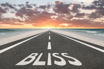 The word Bliss written on a highway in nature at the beach during sunset for happiness concept.