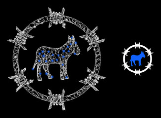 Mesh net donkey arrest model illustration with lightspots. Illuminated vector model is created from donkey arrest icon. Vector frame mesh donkey arrest icon.