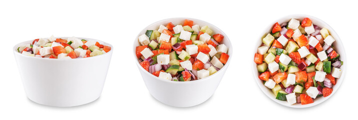 Strawberry Feta cucumber salad in a bowl on a white isolated background