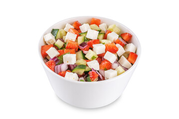 Strawberry Feta cucumber salad in a bowl on a white isolated background