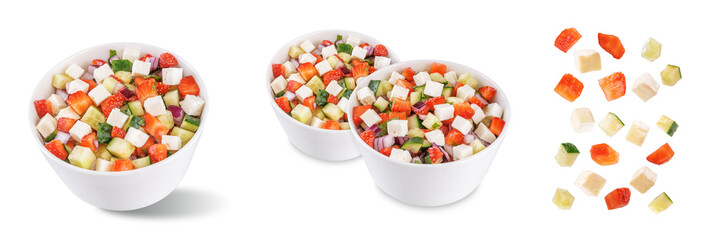 Strawberry Feta cucumber salad in a bowl on a white isolated background