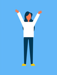 Woman wearing white sweater and trousers raising hands up high showing emotions, female gesturing, vector illustration isolated on blue background