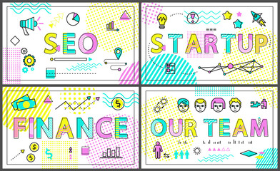 Seo start up and finance of business corporation, our team employees interacting, solving problems together, banners collection vector illustration