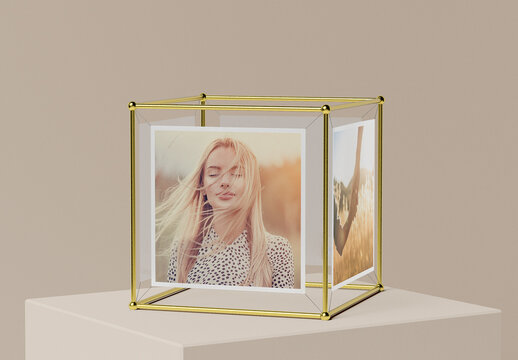 Metallic Photo Cube Frame on a Podium Mockup