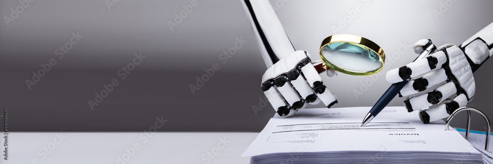 Poster robot examining invoice