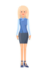 Pretty lady in official suit, clothing template, fashionable blue shirt with bright sleeves, vogue short skirt, stylish shoes, vector illustration.
