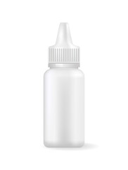 Empty container with dispenser for medical eye drops. Sterile transparent bottle to keep liquid medications isolated realistic vector illustration.
